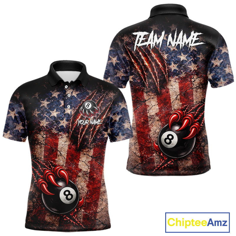 Personalized Cracked US Flag Grunge Claws Pool 8 Ball Men's Billiard Team Shirt Billiard Attire NYN2672