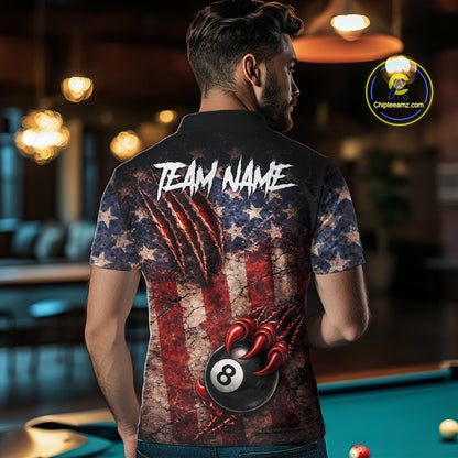 Personalized Cracked US Flag Grunge Claws Pool 8 Ball Men's Billiard Team Shirt Billiard Attire NYN2672