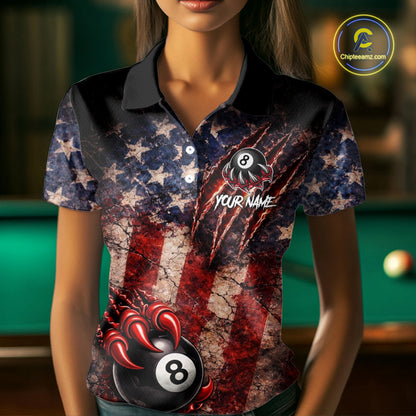 Personalized Cracked US Flag Grunge Claws Pool 8 Ball Women's Billiard Team Shirt Billiard Attire NYN2672