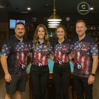 Personalized Cracked US Flag Grunge Claws Pool 8 Ball Men's Billiard Team Shirt Billiard Attire NYN2672