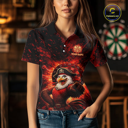 Funny Pirate Rooster Women Darts Polo & 1/4-Zip Shirt Personalized Red Splatter Paint Dart Team Jersey NYN3031