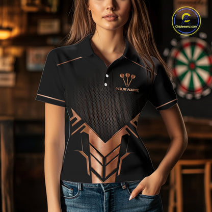 Black And Metallic Copper Darts Polo & 1/4-Zip Shirt For Women Custom Outfits Team Darts Jersey NYN3040