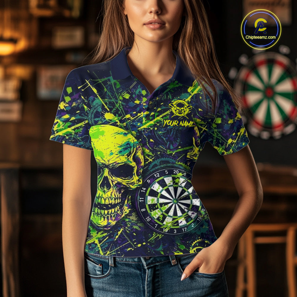 Grunge Blue Green Strike Horror Skull Womens Darts Shirt Personalized Splatter Dart Team Jerseys NYN3202
