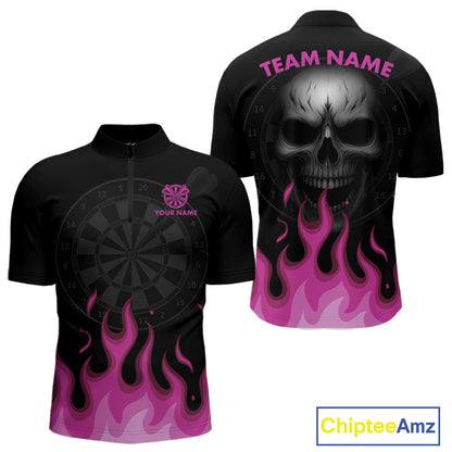 Custom Pink Flames Skull Dartboard 1/4-Zip Darts Shirt For Men Outfit Skull Dart Team Jersey NYN0996
