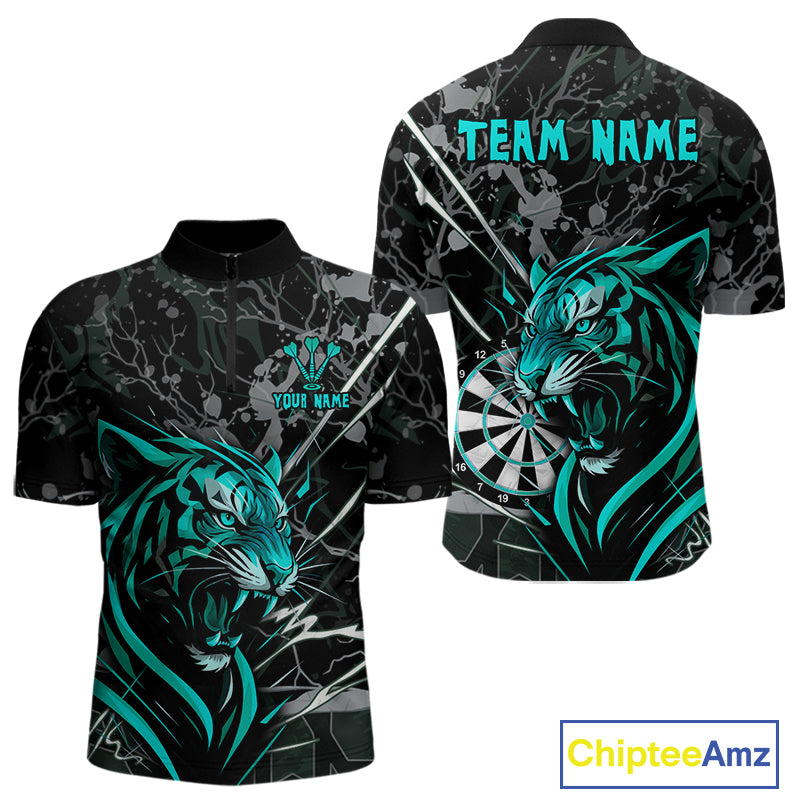 Men's 1/4-Zip Dart Shirt Turquoise Fierce Tiger Dartboard Personalized Darts Jerseys Outfits NYN1017