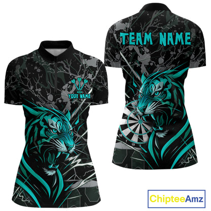 Women's 1/4-Zip Dart Shirt Turquoise Fierce Tiger Dartboard Personalized Darts Jerseys Outfits NYN1017
