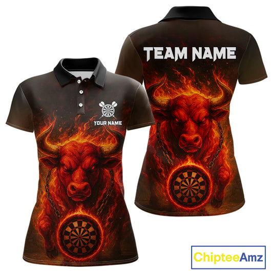 Custom Funny Bull Grunge Red Flames Dartboard Dart Women Polo Shirt Outfits Dart Jerseys NYN1635