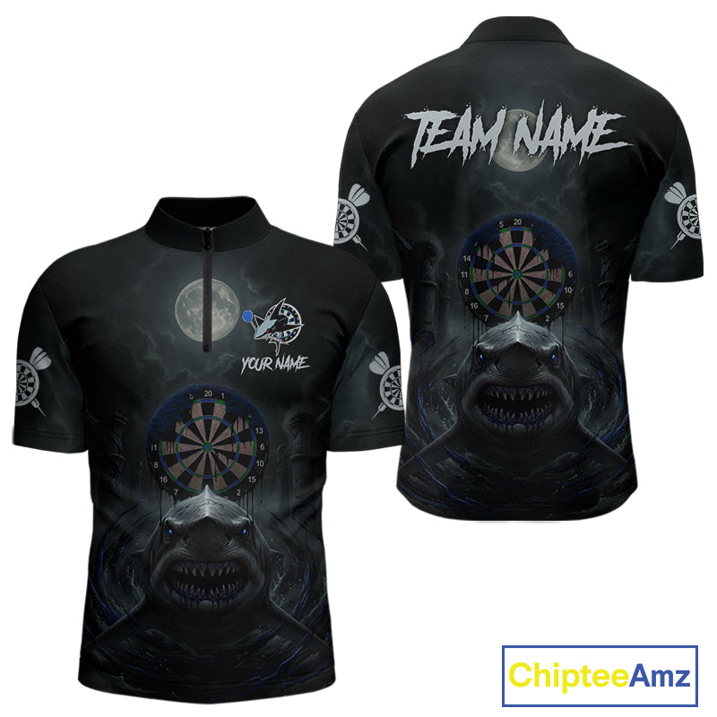 Black And Blue Gothic Shark Dartboard Custom Men Darts Quarter-Zip Shirt Shark Dart Jerseys NYN1922