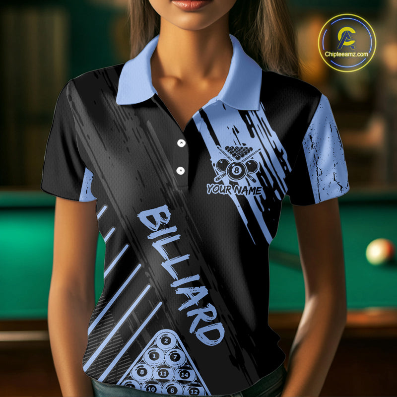 Light-Blue Grunge Billiard Ball Pool Women Polo & 1/4-Zip Shirt Custom 8 Ball Billiards Jerseys NYN2452