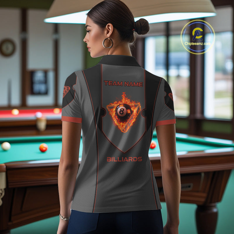 Fire Flame 8 Ball Pool Polo & 1/4-Zip Team Shirt For Women Custom Billiards Ball Apparel|Red NYN2456