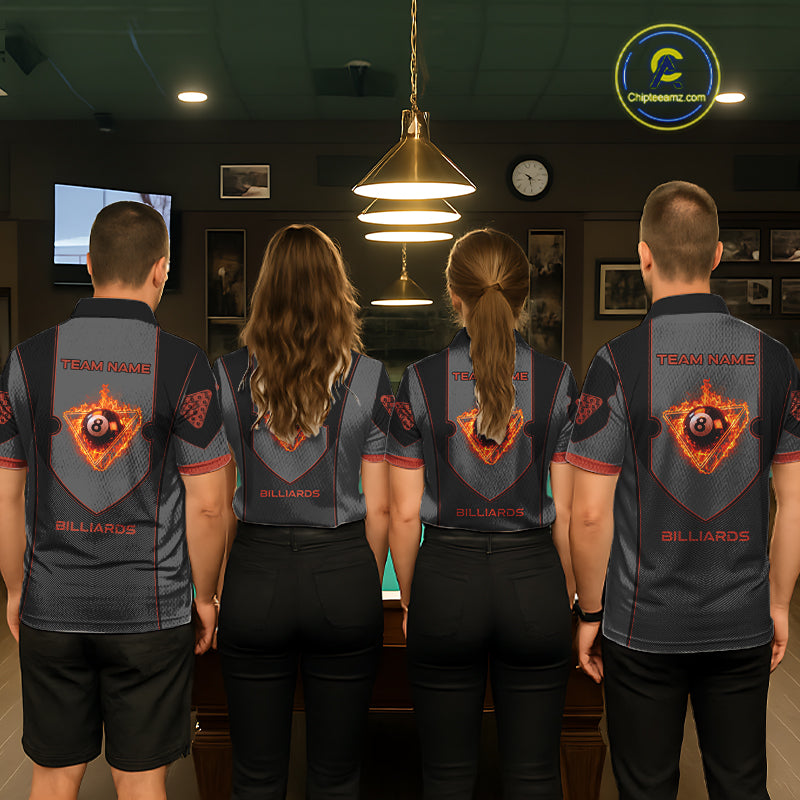 Fire Flame 8 Ball Pool Polo & 1/4-Zip Team Shirt For Men Custom Billiards Ball Apparel|Red NYN2456