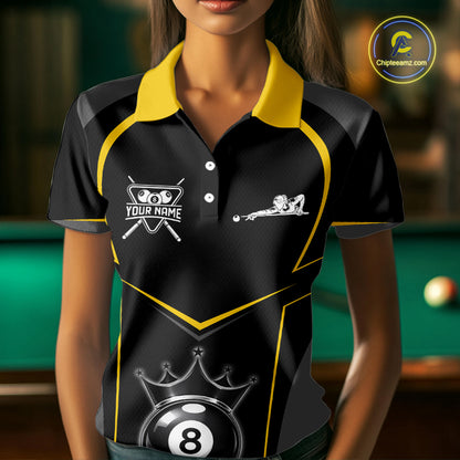 Black 8 Ball Crown Pool Women Polo & 1/4-Zip Team Shirts Custom Billiards Ball & Cue Attire|Yellow NYN2459