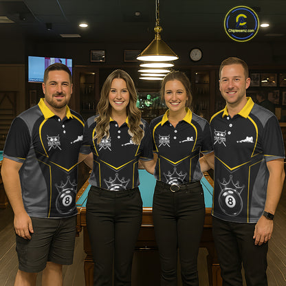 Black 8 Ball Crown Pool Men Polo & 1/4-Zip Team Shirts Custom Billiards Ball & Cue Attire|Yellow NYN2459