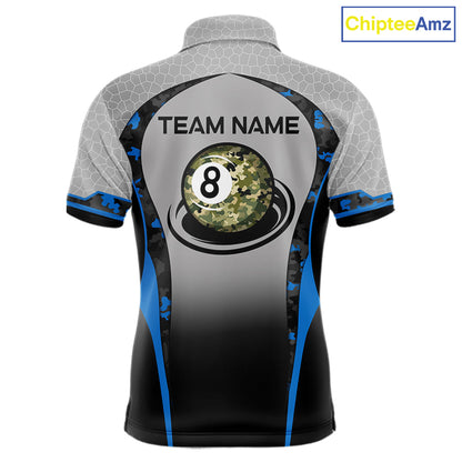 Camo 8 Ball Pool Billiard Polo & 1/4-Zip Shirt For Men Custom Blue And Grey Billiard Team Attire NYN3048