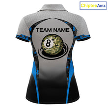 Load image into Gallery viewer, Camo 8 Ball Pool Billiard Polo &amp; 1/4-Zip Shirt For Women Custom Blue And Grey Billiard Team Attire NYN3048