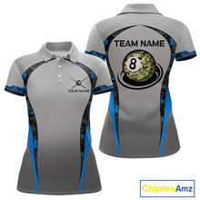 Load image into Gallery viewer, Camo 8 Ball Pool Billiard Polo &amp; 1/4-Zip Shirt For Women Custom Blue And Grey Billiard Team Attire NYN3048