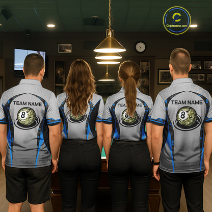 Camo 8 Ball Pool Billiard Polo & 1/4-Zip Shirt For Women Custom Blue And Grey Billiard Team Attire NYN3048