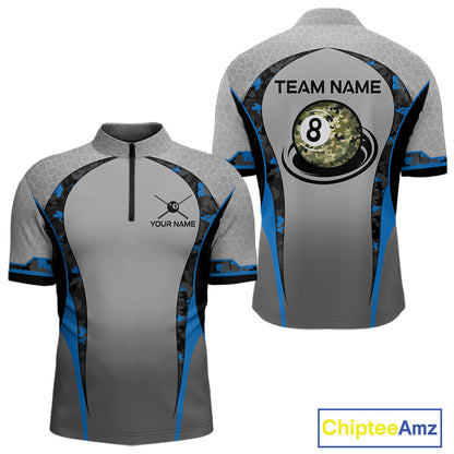 Camo 8 Ball Pool Billiard Polo & 1/4-Zip Shirt For Men Custom Blue And Grey Billiard Team Attire NYN3048