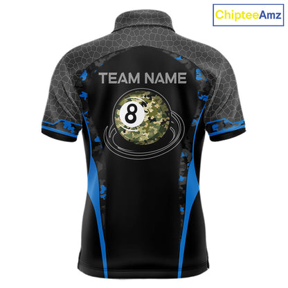 Camo 8 Ball Pool Billiard Polo & 1/4-Zip Shirt For Men Custom Blue And Black Billiard Team Attire NYN3049