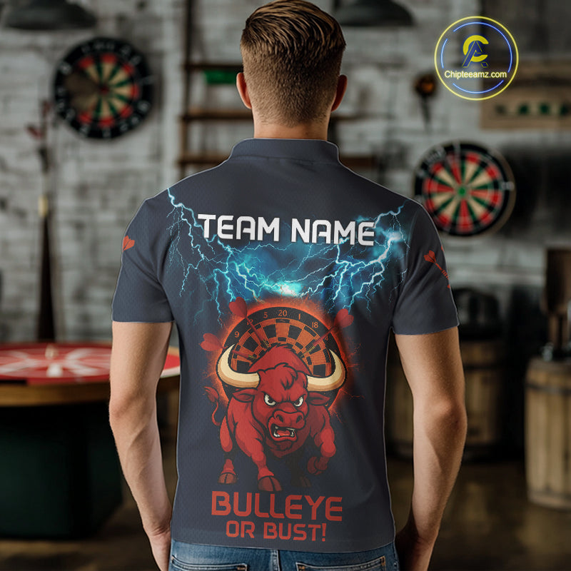 Men's Custom Darts Shirt With Red Angry Bull Lightning Effect And Flame Dartboard NYN0262