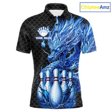 Load image into Gallery viewer, Men's black blue dragon bowling polo shirt mockup custom bowling team jersey splatter dragon bowling apparel