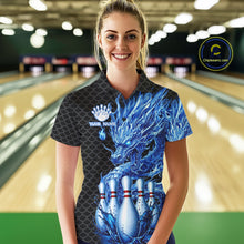 Load image into Gallery viewer, Female model wearing black blue dragon bowling polo shirt custom bowling team jersey for league bowler