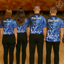 Load image into Gallery viewer, Bowling team wearing thunder lightning blue dragon bowling shirts custom bowling team jerseys for tournaments