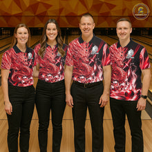 Load image into Gallery viewer, Bowling team wearing thunder lightning red dragon bowling shirts custom bowling team jerseys for tournaments