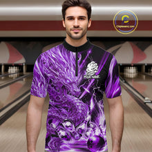 Load image into Gallery viewer, Male model wearing thunder lightning purple dragon bowling polo shirt custom bowling team jersey