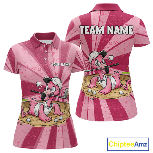 Women's golf polo mockup featuring vibrant grunge pink flamingo artwork, personalized golf tournament shirt for ladies golf leagues, country clubs, vacation golf apparel and tropical fashion enthusiasts. Themes of grace, harmony and confidence.