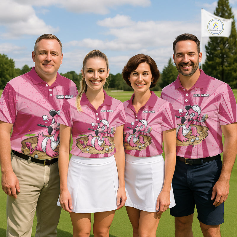 Golf team wearing matching flamingo golf polos during club championship, personalized golf uniforms for tournaments, charity golf events and corporate golf outings.