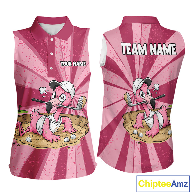 Women's funny Pink Flamingo golf artwork displayed on a premium sleeveless polo mockup, breathable UPF performance golf apparel, custom golf team uniform, tropical golf clothing for golf tournaments, country clubs and summer golf outings. Perfect for flamingo lovers, beach lovers, tropical lifestyle fans, resort travelers.