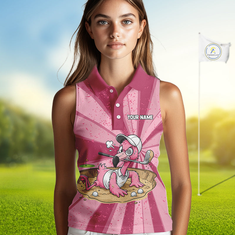 Womens Funny Flamingo Golf Shirts Grunge Pink Golf Clothing Custom Golf Sleeveless Polo, Golf Upf Shirts NYN3764