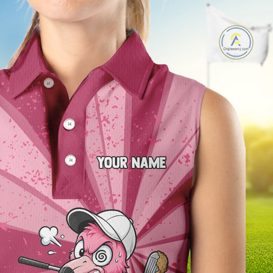 Womens Funny Flamingo Golf Shirts Grunge Pink Golf Clothing Custom Golf Sleeveless Polo, Golf Upf Shirts NYN3764