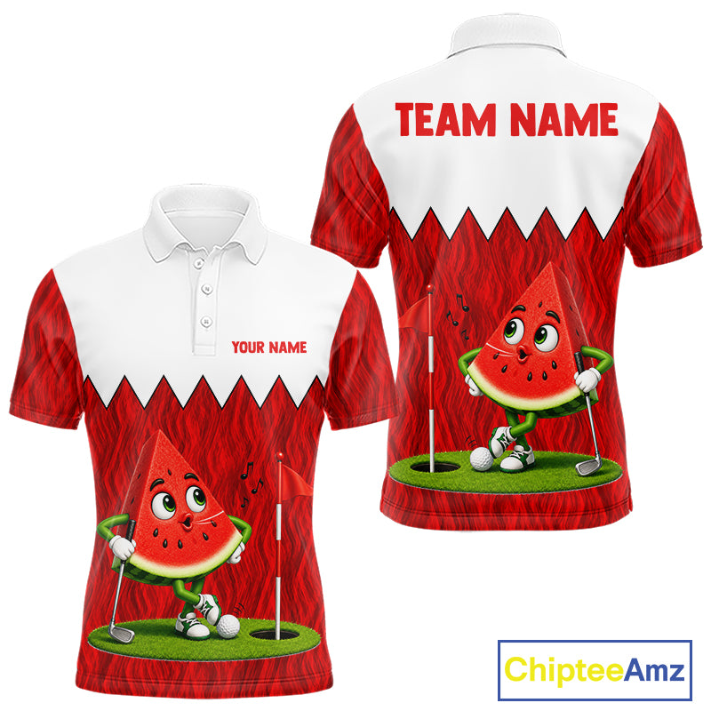 Men's golf polo mockup featuring vibrant watermelon artwork, personalized golf shirt for tournaments, golf leagues and golf vacations. Appeals to summer lovers, fruit enthusiasts and tropical lifestyle fans.