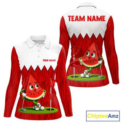 Women's golf polo mockup featuring playful watermelon graphics, personalized golf tournament apparel for ladies golf leagues, summer golf trips and golf clubs.