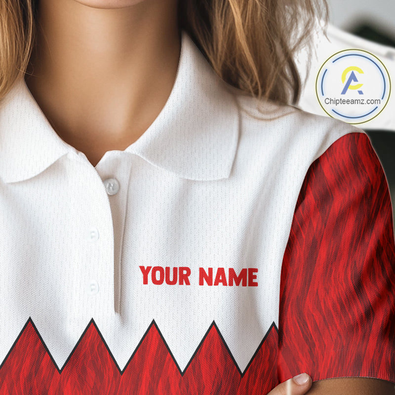Female golfer wearing watermelon golf polo during a summer golf outing, lightweight golf apparel for beach vacations, golf leagues and resort clubs. Symbolizes friendship, optimism and relaxation