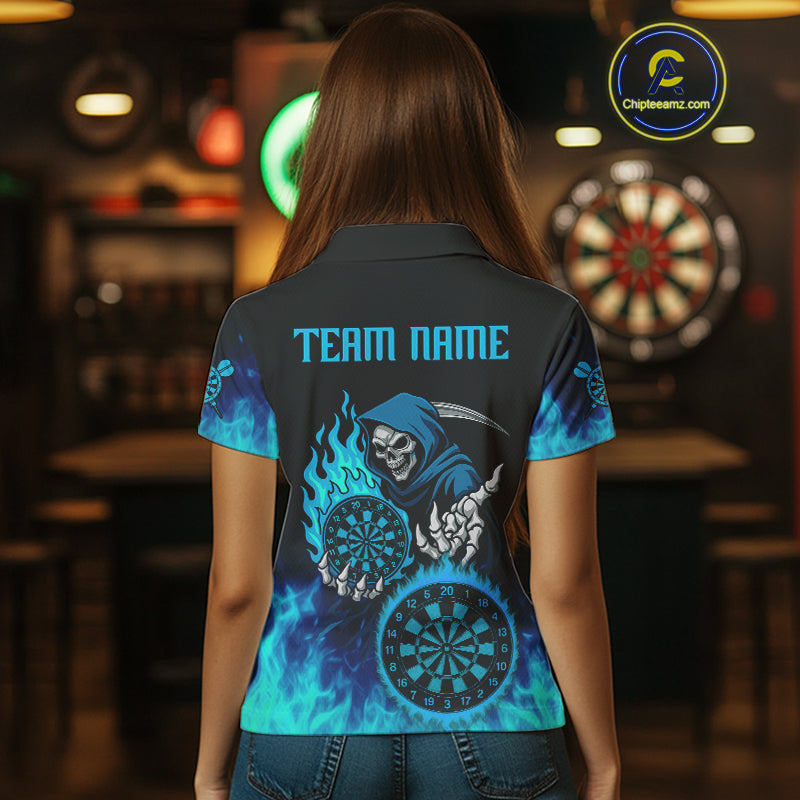 Custom Blue Flames Dartboard Horror Grim Reaper Dart Women Polo Jerseys Outfits Dart Shirt NYN1658