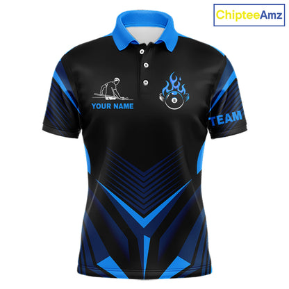 Blue Flaming 8 Ball Pool Polo & 1/4-Zip Team Shirt For Men Custom Billiards Ball Apparel NYN2465