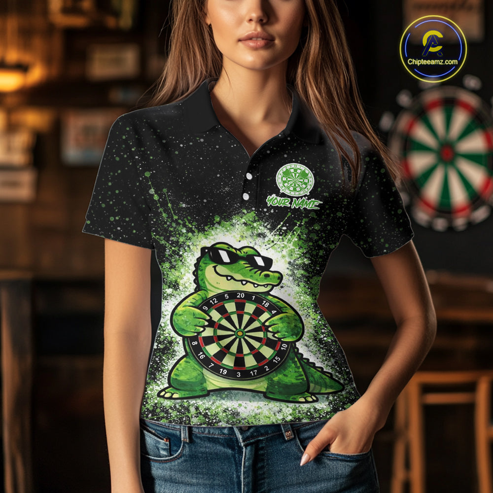 White And Green Funny Crocodile Hold Dartboard Dart Polo Shirts For Women Custom Dart Team Shirts NYN2675