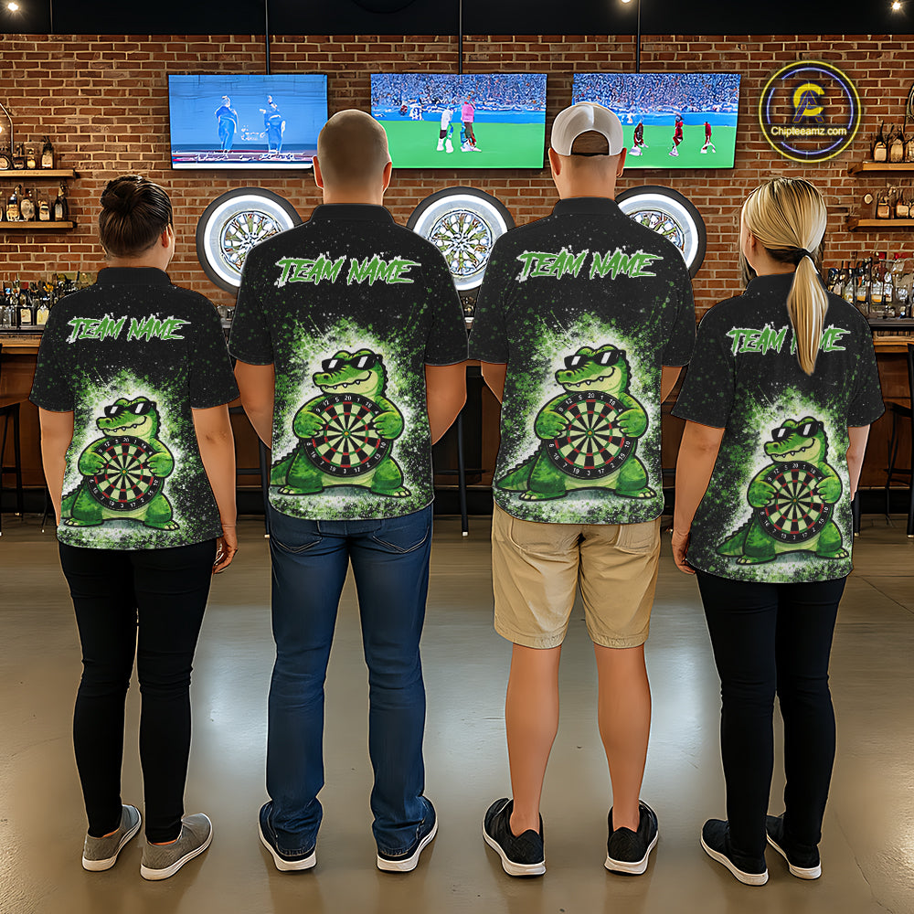 White And Green Funny Crocodile Hold Dartboard Dart Polo Shirts For Women Custom Dart Team Shirts NYN2675
