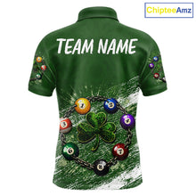 Load image into Gallery viewer, White Green Grunge Shamrock 8 Ball Men Billiards Shirt Personalized St Patrick's Day Pool Balls Shirt NYN2678