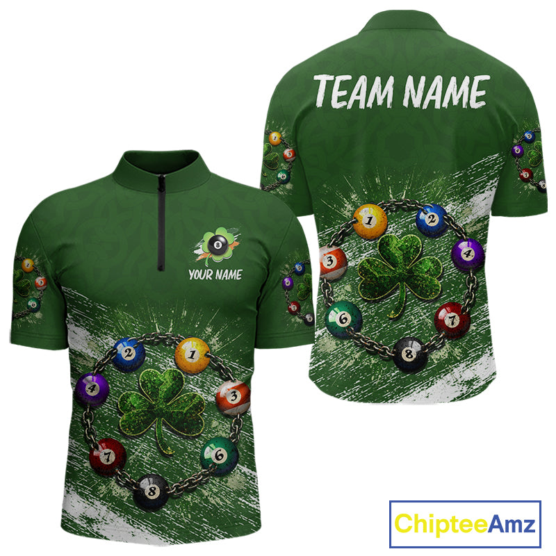 White Green Grunge Shamrock 8 Ball Men Billiards Shirt Personalized St Patrick's Day Pool Balls Shirt NYN2678