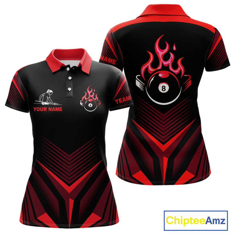 Red Flaming 8 Ball Pool Polo & 1/4-Zip Team Shirt For Women Custom Billiards Ball Apparel NYN2831