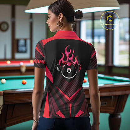 Red Flaming 8 Ball Pool Polo & 1/4-Zip Team Shirt For Women Custom Billiards Ball Apparel NYN2831