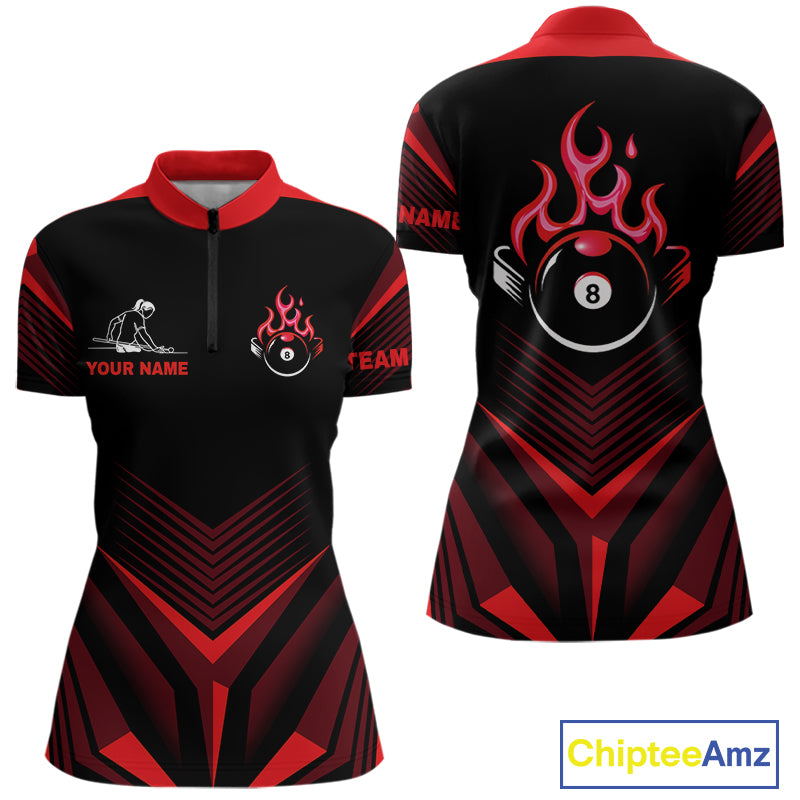 Red Flaming 8 Ball Pool Polo & 1/4-Zip Team Shirt For Women Custom Billiards Ball Apparel NYN2831