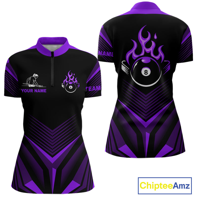 Purple Flaming 8 Ball Pool Polo & 1/4-Zip Team Shirt For Women Custom Billiards Ball Apparel NYN2832