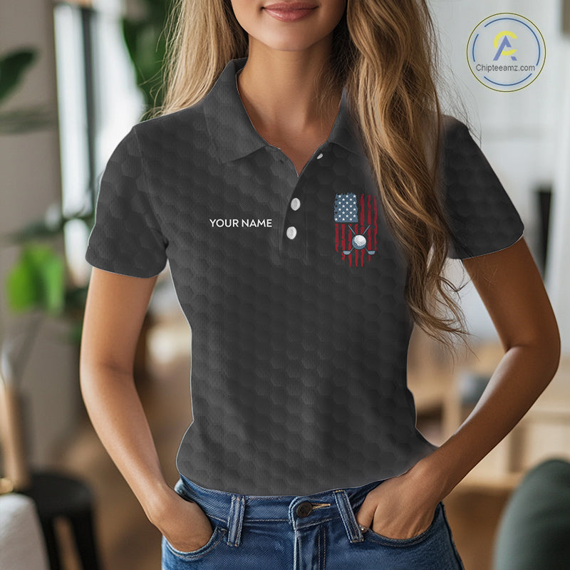 Womens American Flag Golf Shirts Patriotic Golf Jersey Custom Black Ball Golf Clothing, Golf Gifts NYN3053