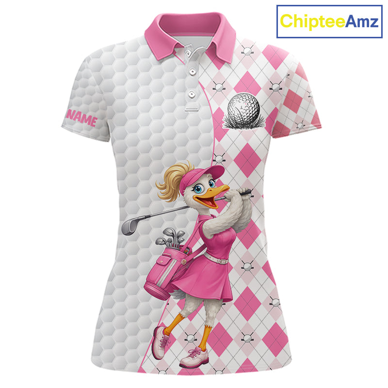 Custom Pink Argyle Golf Polo Shirts For Women Funny Duck Golfer Best Golf Clothing Shirts NYN3055