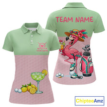 Load image into Gallery viewer, Tropical Funny Flamingo Polo Golf Shirts For Women Custom Pink &amp; Green Golf Team Attire For Golfers NYN3062